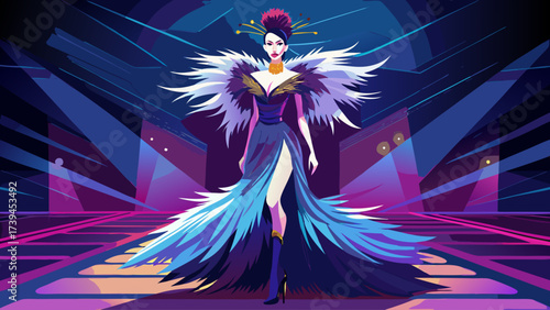 A woman in a blue dress with a bird on her head. She is walking down a runway