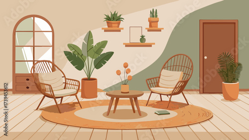 A living room with a rug, two chairs, a table, and potted plants. The room has a warm and inviting atmosphere