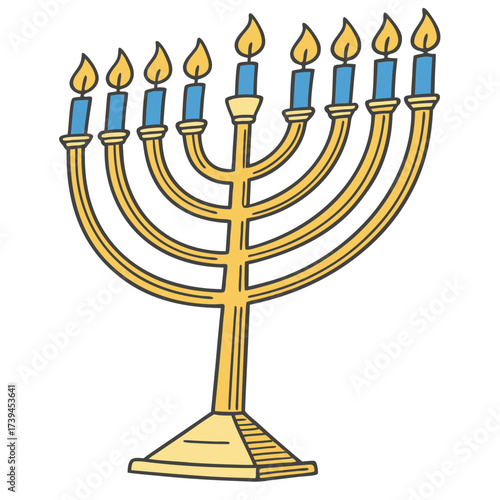 Golden menorah with nine lit candles illustration