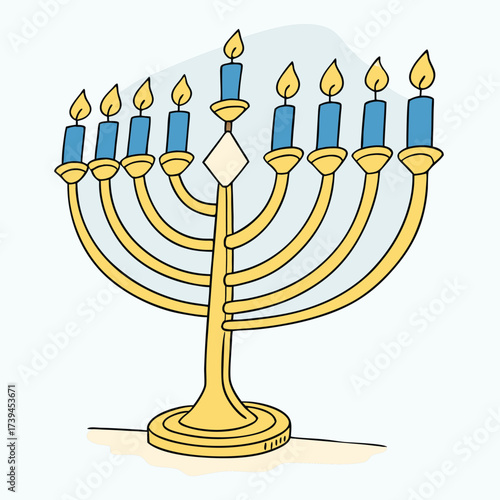 Golden menorah with nine lit candles illustration