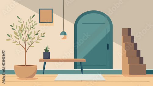 A room with a green door and a potted plant. The room is empty and has a minimalist feel
