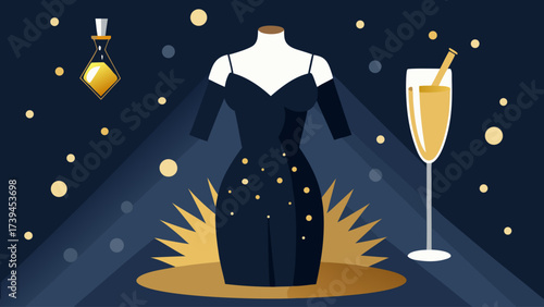 A woman in a black dress is standing on a stage with a glass of champagne in front of her