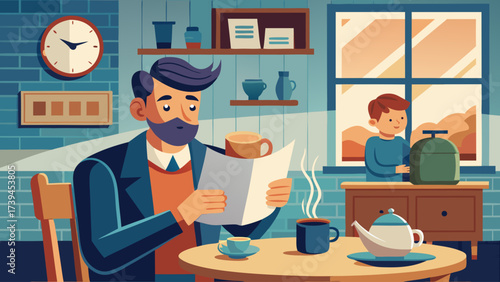 A man is reading a book at a table with a cup of coffee in front of him. A young boy is standing next to him. The scene is set in a cozy home environment