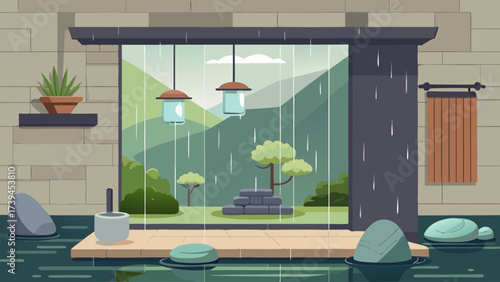 A room with a window that is raining. The room has a view of a mountain. There are two potted plants in the room