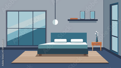 A bedroom with a blue bed and a wooden floor. The room is empty and has a minimalist design