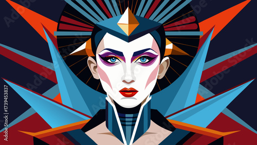 A woman with a blue and red headdress and blue and red hair. She is wearing red lipstick