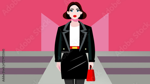 A woman in a black dress and red purse is walking down a hallway. She is the main focus of the image, and her outfit and purse are the most prominent features. The hallway is a simple, straight line
