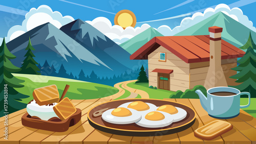 A mountain landscape with a house and a picnic table with food on it. The food includes eggs, toast, and a cup of coffee