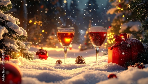 Winter scene with two wine glasses on a snowy surface, a gift, and festive decorations, with falling snow and soft lighting