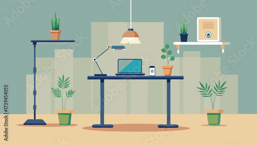 A desk with a laptop and a lamp on it. There are potted plants on the desk and on the floor