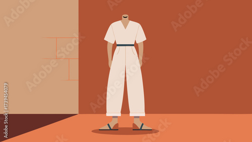 A woman is standing in a room with a brick wall. She is wearing a white outfit and has her arms crossed