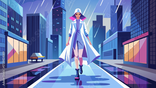 A woman is walking down a city street in the rain. She is wearing a white coat and has her arms outstretched. The scene is set in a city with tall buildings and a busy street