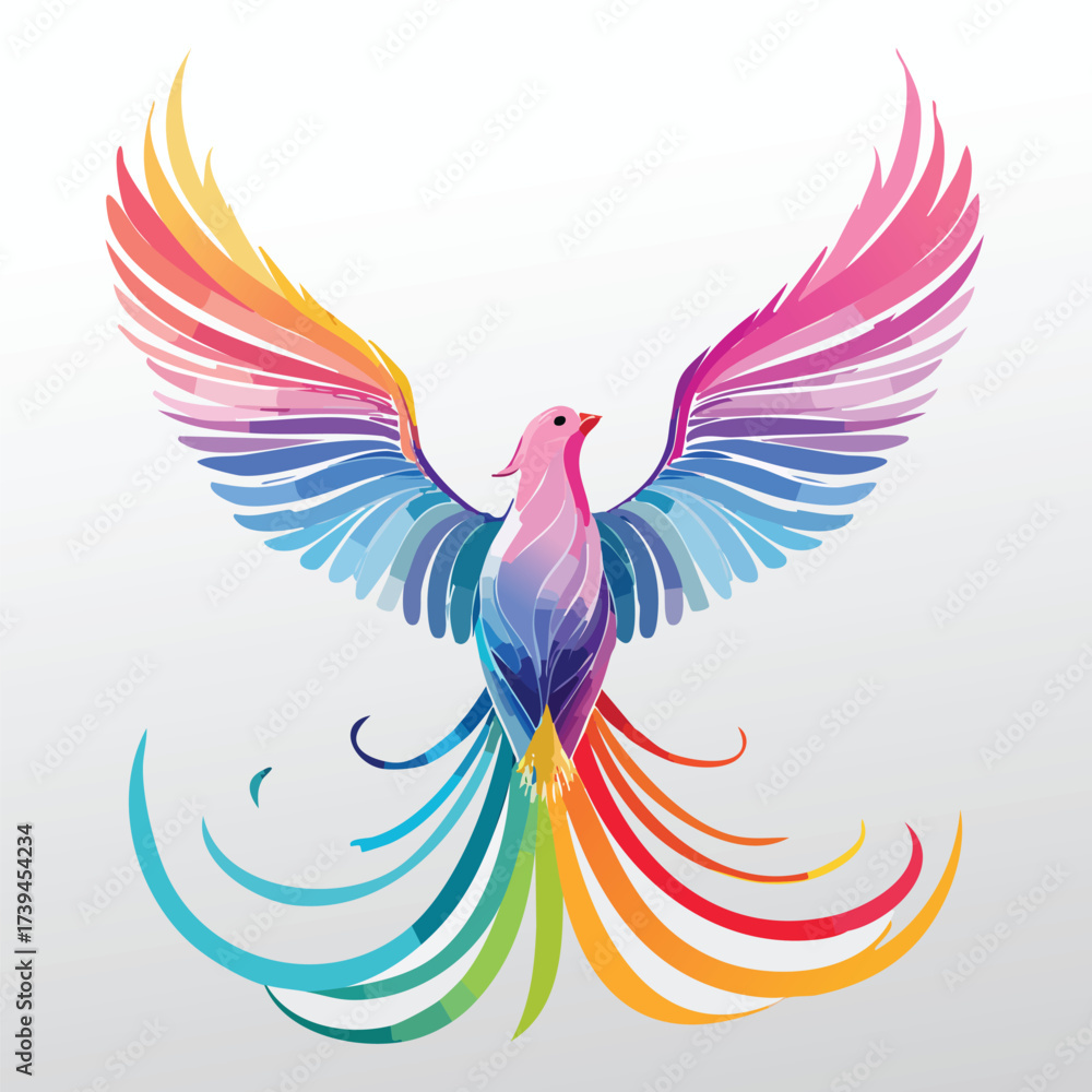 Obraz premium Vibrant Rainbow Bird Rising to Sky – AI Generated