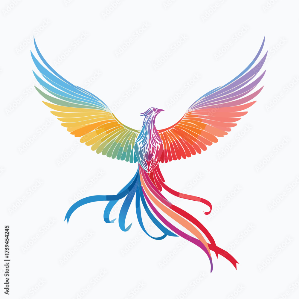 Obraz premium Rainbow Phoenix with Flowing Feathers – AI Generated