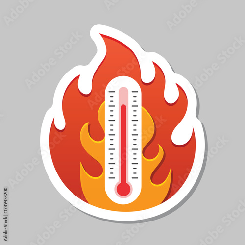 Thermometer in flame sticker  icon in flat style. Climate control vector illustration on isolated background. Weather change sign business concept.