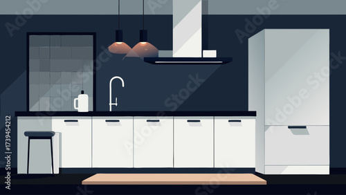 A kitchen with white cabinets and a white refrigerator. The kitchen is very clean and organized. There is a sink, a stove, and a countertop. A stool is placed near the sink