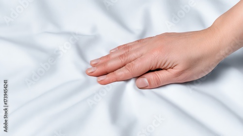 A hand gently resting on soft, white fabric, conveying a sense of comfort and tranquility.