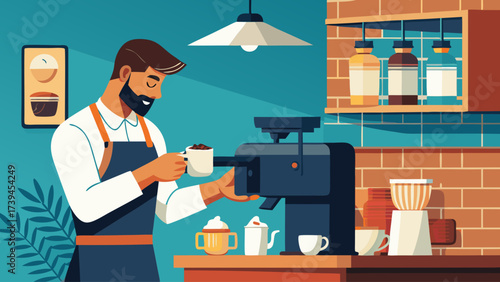 A man is making coffee in a cafe. He is wearing an apron and has a beard. The cafe has a brick wall and a potted plant. There are several cups and a bottle on the counter