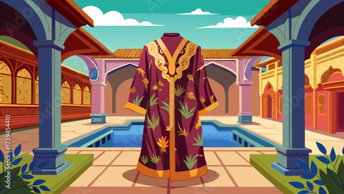 A purple robe is displayed in front of a pool. The robe is decorated with flowers and leaves