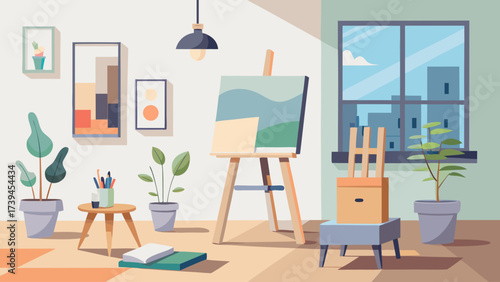 A painting studio with a large window and a wooden easel. There are several potted plants in the room, including one on the left side of the easel. A book is on a table in the room