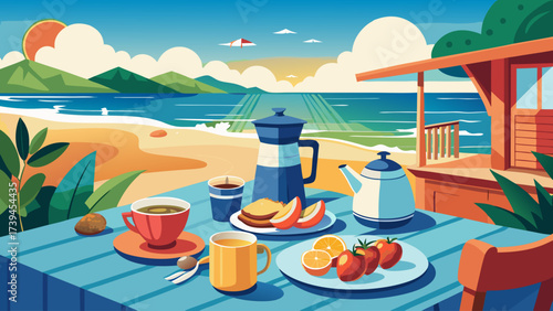 A beach scene with a table full of food and drinks. The table is set with a coffee pot, cups, a plate of fruit, and a sandwich. The scene is peaceful and relaxing, with the ocean in the background