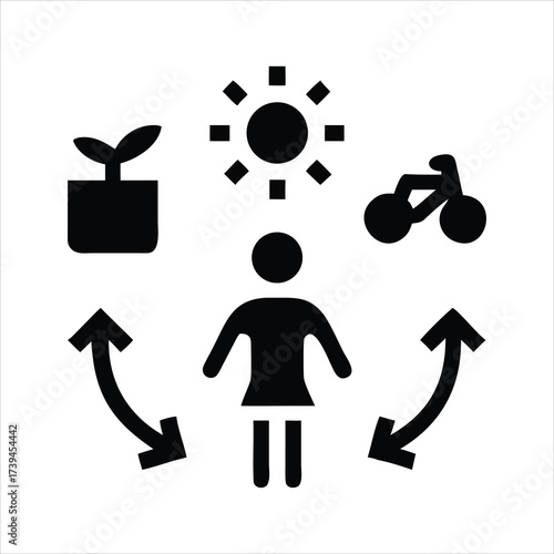 Person surrounded by icons representing healthy lifestyle choices and nature