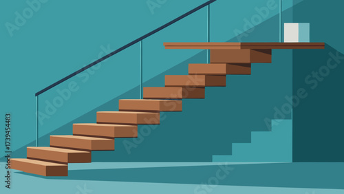 A staircase with a wooden railing and a box on the top step. The stairs are empty and the box is on the top step