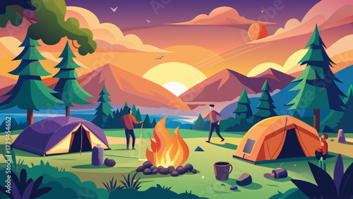 A painting of a campsite with a man and a woman standing by a fire. The painting has a warm and inviting mood, with the sun setting in the background