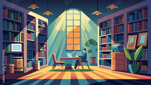 A man is sitting at a desk in a library. The room is filled with bookshelves and a window lets in sunlight