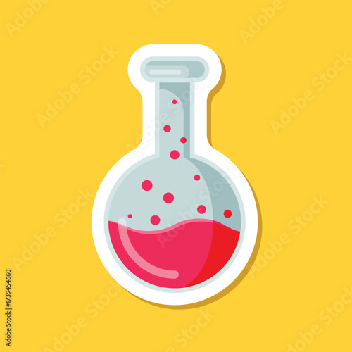 Science lab bottle sticker icon in flat style. Laboratory glassware equipment vector illustration on isolated background. Test tube sign business concept.
