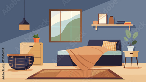 A bedroom with a bed, a window, a plant, and a basket. The room is empty and has a minimalist design