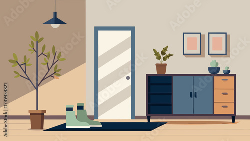 A room with a white door and a plant in a pot. The room is empty and has a minimalist design