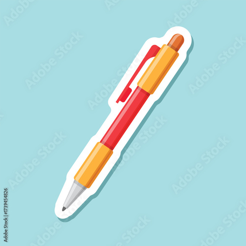 Ballpoint pen sticker icon in flat style. Office tool vector illustration on isolated background. School equipment sign business concept.