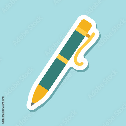 Ballpoint pen sticker icon in flat style. Office tool vector illustration on isolated background. School equipment sign business concept.