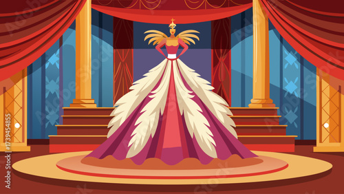 A woman in a pink dress is standing on a stage. She is wearing a crown and is surrounded by red curtains