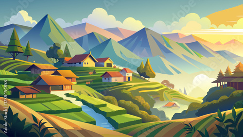 A mountain landscape with a river running through it. The houses are small and scattered throughout the area. The sky is blue and the sun is setting, creating a warm and peaceful atmosphere