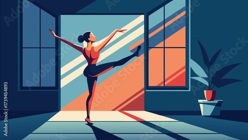 A woman is dancing in a room with a window. The room is dimly lit, and the woman is wearing a black tank top
