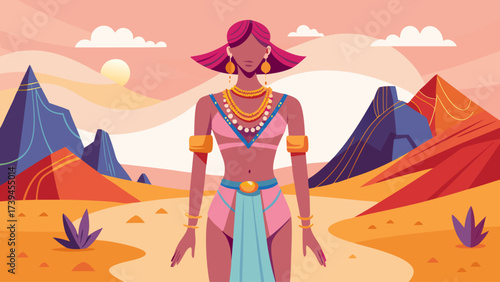 A woman in a pink bikini is walking through a desert. The sky is pink and the sun is setting