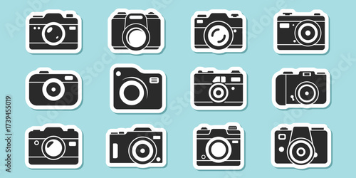 Photo camera sticker icon set in flat style. Photography equipment vector illustration on isolated background. Professional photographic sign business concept.