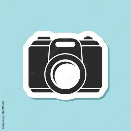 Photo camera sticker icon in flat style. Photography equipment vector illustration on isolated background. Professional photographic sign business concept.