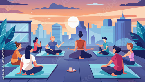A group of people are sitting on yoga mats in a city setting. Scene is peaceful and relaxing
