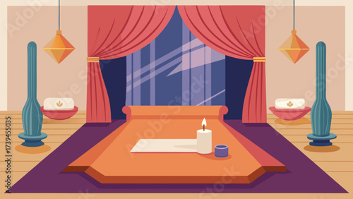 A room with a red curtain and a candle on a table. The room is decorated with a lot of colors and has a relaxing atmosphere