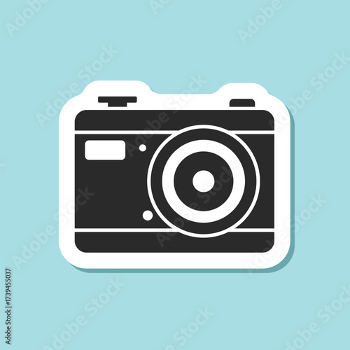 Photo camera sticker icon in flat style. Photography equipment vector illustration on isolated background. Professional photographic sign business concept.