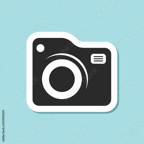 Photo camera sticker icon in flat style. Photography equipment vector illustration on isolated background. Professional photographic sign business concept.