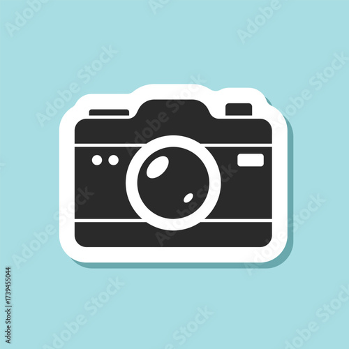 Photo camera sticker icon in flat style. Photography equipment vector illustration on isolated background. Professional photographic sign business concept.