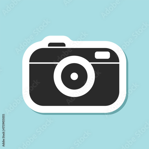 Photo camera sticker icon in flat style. Photography equipment vector illustration on isolated background. Professional photographic sign business concept.
