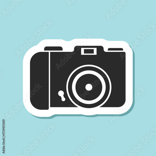Photo camera sticker icon in flat style. Photography equipment vector illustration on isolated background. Professional photographic sign business concept.