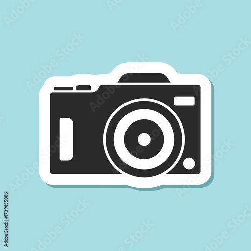 Photo camera sticker icon in flat style. Photography equipment vector illustration on isolated background. Professional photographic sign business concept.