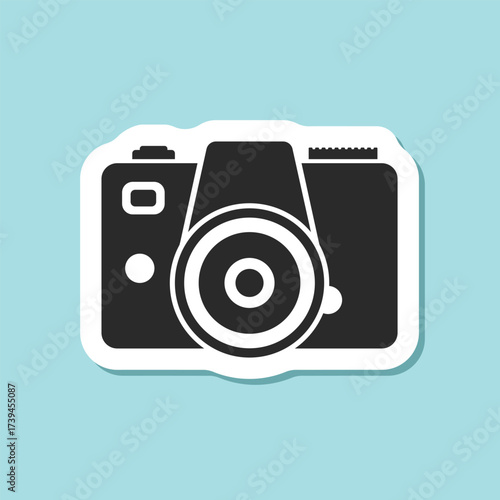 Photo camera sticker icon in flat style. Photography equipment vector illustration on isolated background. Professional photographic sign business concept.