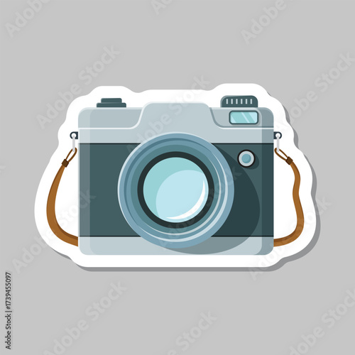 Photo camera sticker icon in flat style. Photography equipment vector illustration on isolated background. Professional photographic sign business concept.